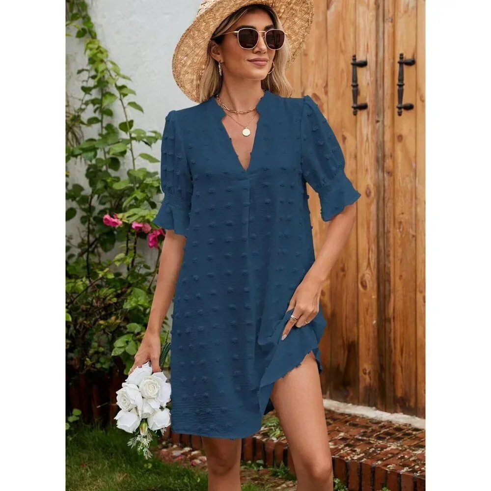 Womens Mblue 100%Polyester V-Neck Loose Fit Short Sleeve Knee Length Shift Dress - Picture 2 of 6